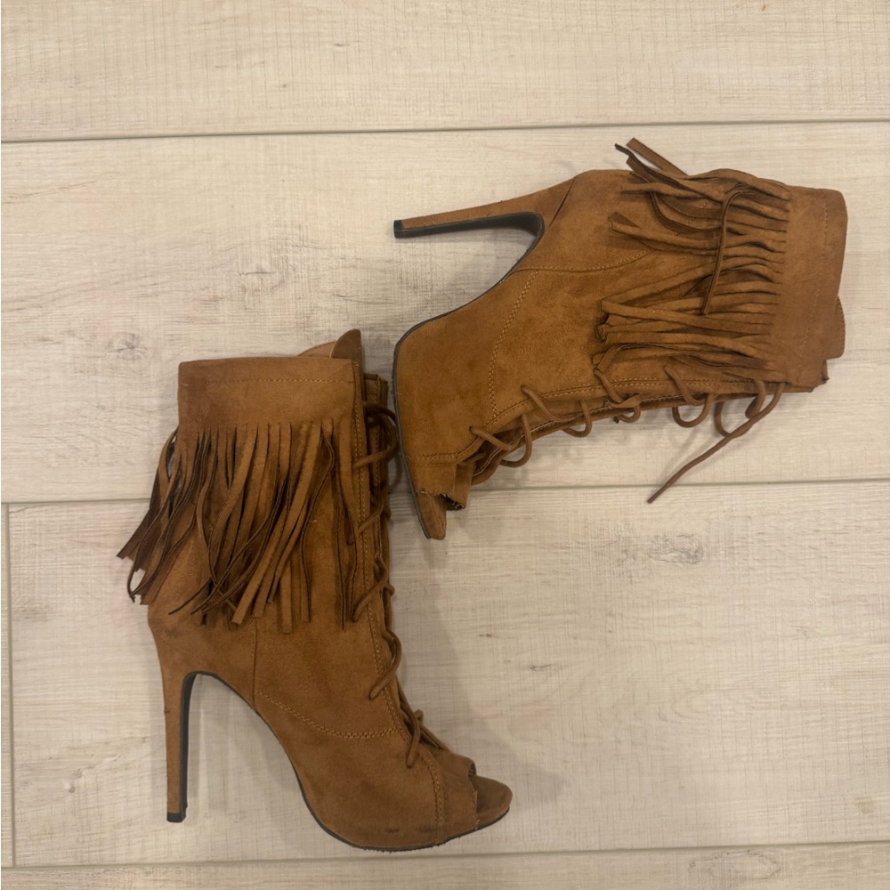 Fringe Peep-Toe Lace-Up Booties - Brown